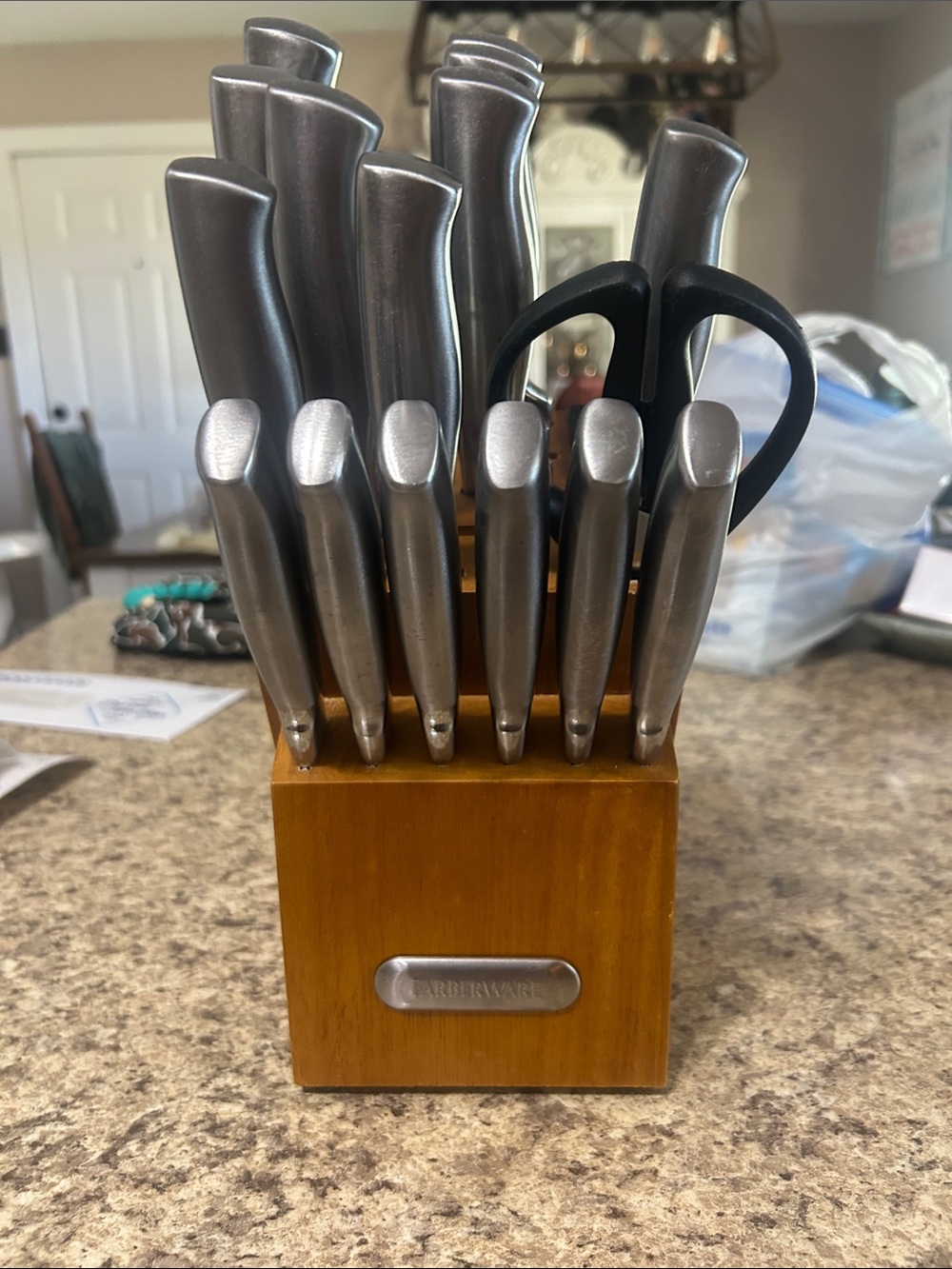 Farberware Silver Knife Set with Wood Block and Black Shears